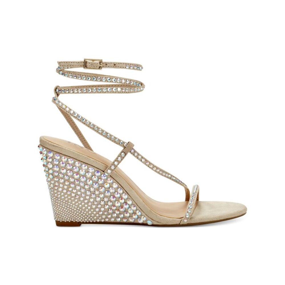 INC Womens Beige Strappy Rhinestone Ren Round Toe Wedge Buckle Heeled Sandal 9 M